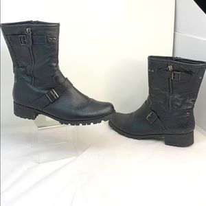 Black Leather Mid-Calf Buckle Boots - Women
